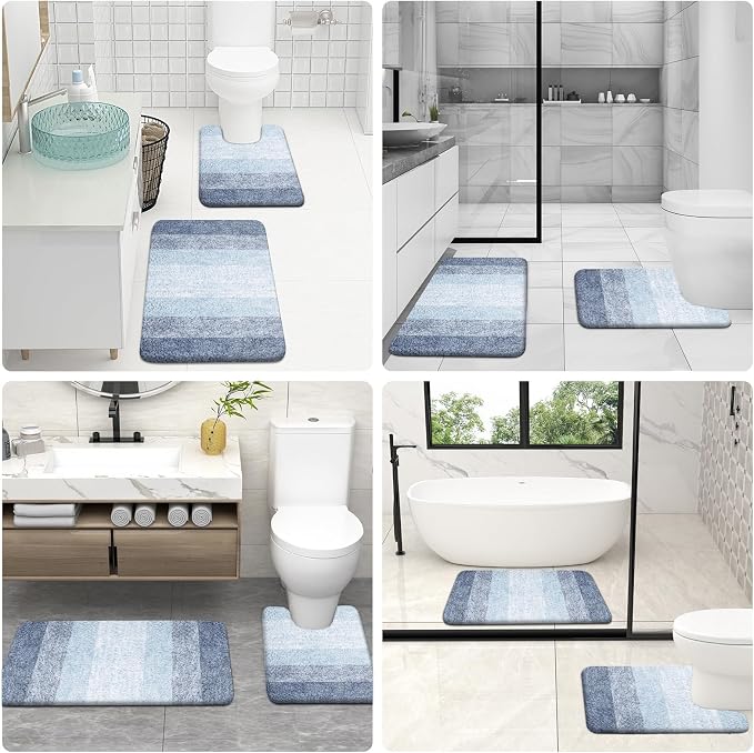 OLANLY Microfiber Bathroom Rugs Sets 3 Piece, 30"x20"+24"x16"+24"x20" | Blue, Soft Absorbent Bath Mats and U-Shaped Contour Toilet Rug, Machine Wash Dry, Plush Shaggy Bath Mat Set for Bathroom