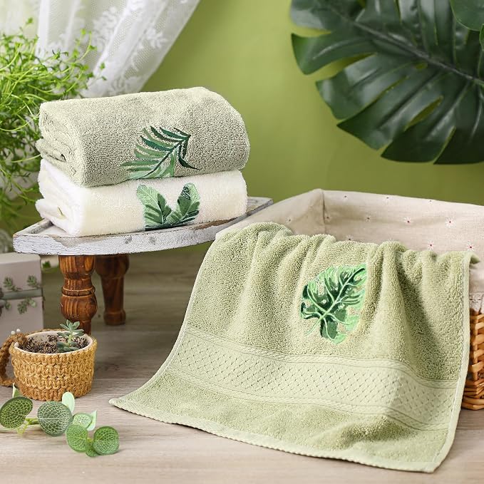 3 Pcs Sage Green Hand Towels Tropical Bathroom Kitchen Decor | Embroidered Tropical Leaves Design, 100% Cotton, Summer Bathroom Kitchen Decor, Absorbent Towels, Holiday Housewarming Gifts