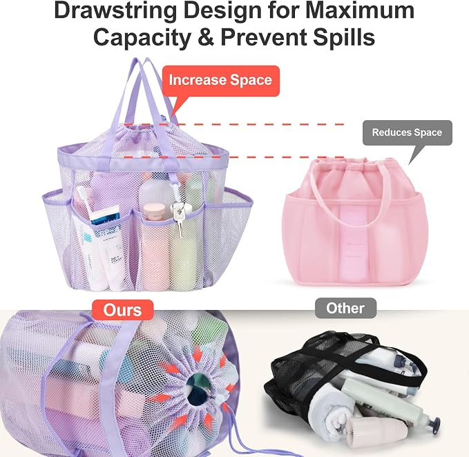 F-color Mesh Shower Caddy Portable with Drawstring - Large 8 Pockets Dorm Room Essentials for Guys Girls with S Hook, Shower Bag Basket Tote for College Camping Gym Travel Toiletry Bathroom, Purple