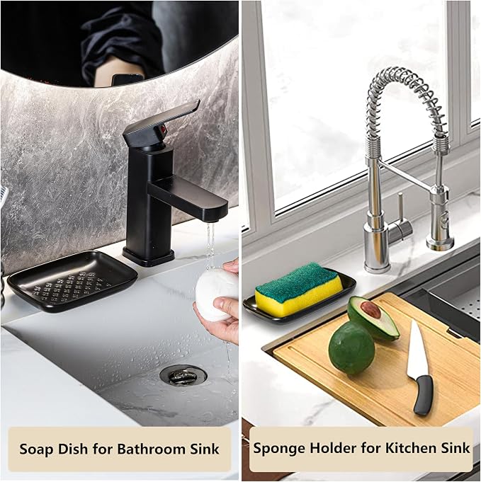 Gomakren Ceramic Soap Dish, Non-Slip Shower Soap Holder for Bathroom & Kitchen Sink, Father's Day Soap Saver Tray for Bar Soap Sponge, 5.5 Inch, Black