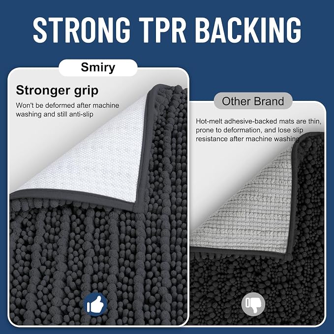 Smiry Bathroom Rugs Sets 2 Piece (47x20+30x20), Extra Soft Bath Mats | Dark Grey Soft Absorbent, Rubber Backing Machine Washable Quick Dry Chenille Bath Rug Set for Tub, Shower, and Floor