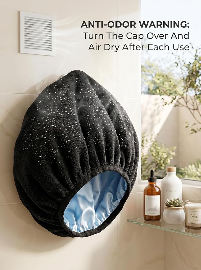 Aquior Shower Caps,Terry Lined Shower Cap for Women Reusable, Triple Layer Waterproof Bath Cap, Extra Large for Women Long Hair