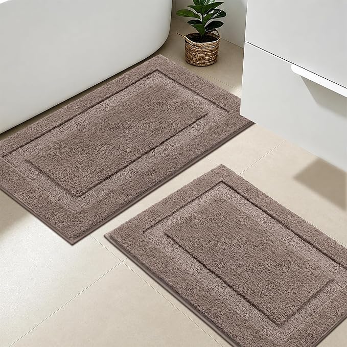 SHACOS Soft Microfiber Bathroom Rugs Set of 2 Pieces, Coffee | 32x20 + 24x16, Absorbent Plush Bath Rugs, Non Slip Washable Shaggy Bath Mats, Fluffy Bathroom Runner Floor Mats Shower Rug