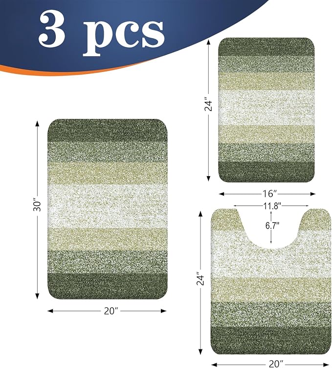 OLANLY Microfiber Bathroom Rugs Sets 3 Piece, 30"x20"+24"x16"+24"x20" | Dark Green, Soft Absorbent Bath Mat and U-Shaped Contour Toilet Rug, Machine Wash Dry, Plush Shaggy Bath Mat Set for Bathroom
