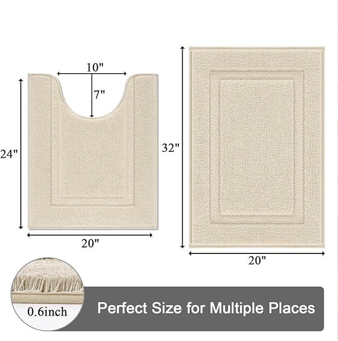 SHACOS Soft Microfiber Bathroom Rugs Set 2 Pieces with Toilet Rug | Absorbent Plush Bath Mat U Shaped Contour Bath Rug, Non Slip Washable Fluffy Bathroom Floor Mats, 32x20+24x20, Light Beige