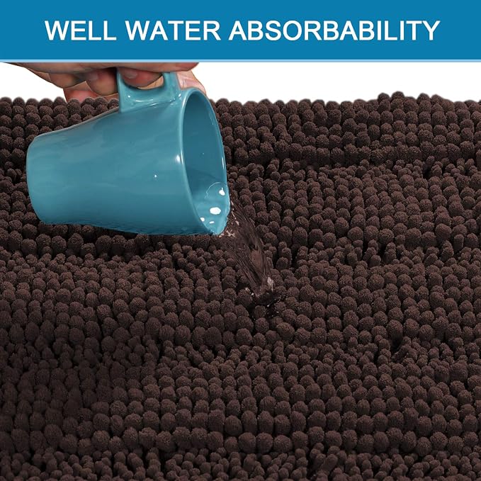H.VERSAILTEX Bath Rugs for Bathroom Non Slip Bath Mats Extra Thick Chenille Striped Rug 20" x 32" Absorbent Non Skid Fluffy Soft Shaggy Washable Plush Mat for Indoor, Bath Room, Tub - Chocolate