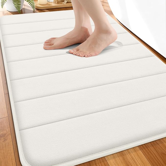 OLANLY Memory Foam Bath Mat 34x21, Super Soft and Absorbent Bathroom Rugs | Ivory, Quick Dry Bath Rug, Machine Washable Shower Floor Mats, Bathmat Carpet for Bathroom Floor, Tub and Shower
