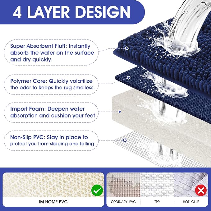 ACCUMTEK Striped Navy Blue Bathroom Rug Mat 48"x17" Ultra Soft, Non Slip Chenille Bath Rugs, Absorbent Plush Shaggy Bath Mats for Bathroom, Bedroom, Kitchen, Shower, Tub