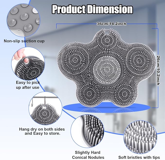 Kalolary Silicone Shower Foot Scrubber Mat，Back Exfoliating Cleaner Foot Scrubber in Shower with Non-Slip Suction Cups Cleaner Brush to Exfoliate and Massage Feet Without Bending Over (Flower)