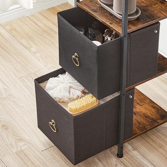 HOOBRO Corner Cabinet, 4-Tier Corner Shelf Stand with 2 Drawers,Bathroom Floor Cabinet, Narrow Storage Cabinet, for Bathroom, Living Room, Rustic Brown and Black BF87CW01