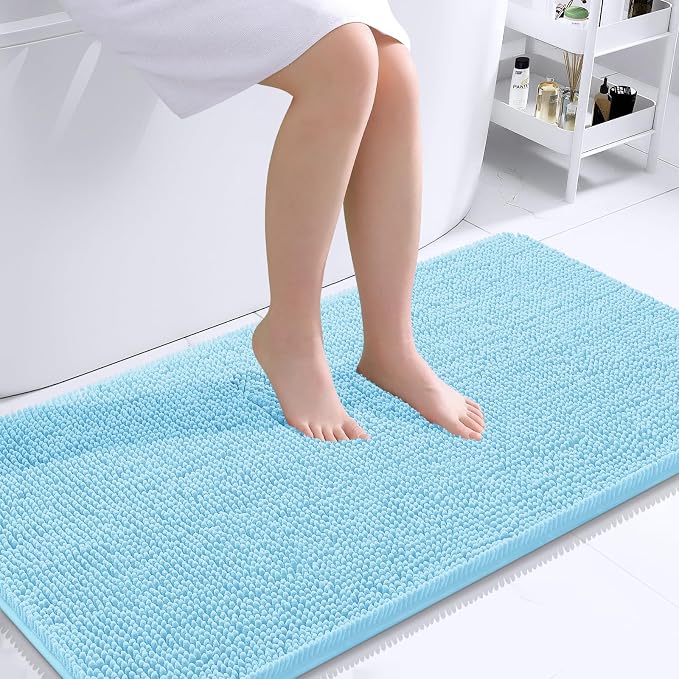 OLANLY Bathroom Runner Rugs 44x24, Extra Soft Absorbent Chenille Bath Rugs | Sky Blue, Quick-Drying Rubber Backing, Washable Long Bath Mat for Bathroom Floor, Tub and Shower, Home Decor Accessories