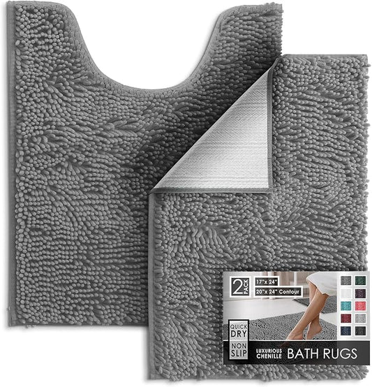 Hearth & Harbor Bathroom Rugs, Chenille Bath Mat - Machine Washable Bath Mats for Bathroom Non-Slip Backing Rubber, Quick Dry Bathroom Mat, 17 x 24 + 20 x 24 - Frost Grey