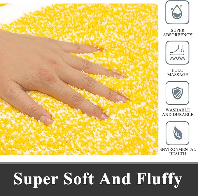 Pauwer 3 Piece Bathroom Rug Set, Non Slip Washable Bath Mat, Yellow | Soft Plush Microfiber, Super Absorbent Floor Carpet, U Shaped Toilet Mats, Quick Dry, Shaggy Shower Rugs Runners