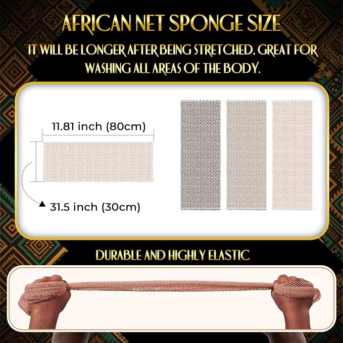 UJFQBH African Net Sponge Authentic, Exfoliating Body Scrubber for Back and Hard to Reach Areas, Gentle Daily Exfoliation for Deep Cleansing, Quick Drying Shower Essential, Rosewood 3 Pack