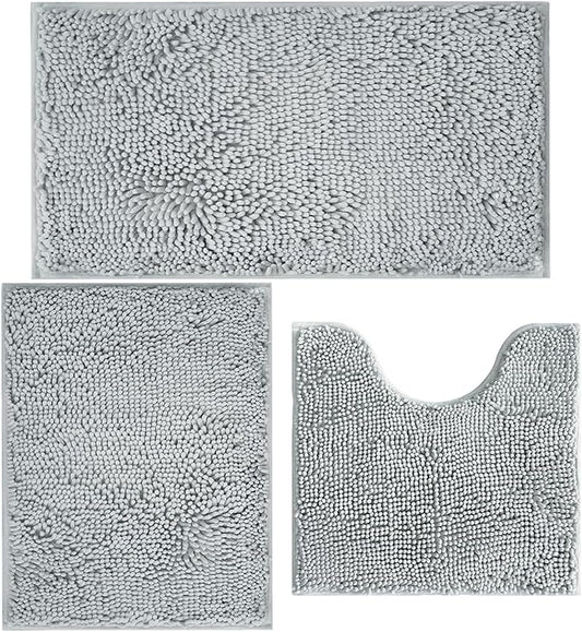Bathroom Rugs Chenille Bath mat 3 Piece Set, Super Absorbent, Strong PVC Non Slip Backing, Bath mats for Bathroom, Plush Shaggy, Thick, Machine Washable, Bathtub, Toilet, Light Grey