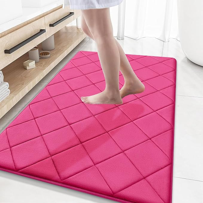 OLANLY Memory Foam Bath Mat 59x34, Ultra Soft and Absorbent Bathroom Rugs | Deep Pink, Quick Dry, Machine Washable Shower Bath Rugs, Comfortable Bath Carpet for Bathroom Floor, Tub and Shower