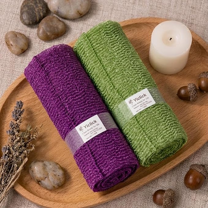 2PCS Exfoliating Washcloth Towel - Exfoliating Body Scrubber Exfoliator, Loofah Sponge Wash Cloth, Korean & Japanse & African Net Sponge Rag - Back Scrubber Washer (Olive Green+Deep Purple)