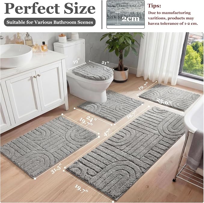 Homcomoda Bathroom Rugs Sets 5 Piece, Soft Absorbent Microfiber Bath Mats and U-Shaped Contour Toilet Rug, Non Slip Bath Rugs Machine Washable Shaggy Bath Room Floor Mats, Grey