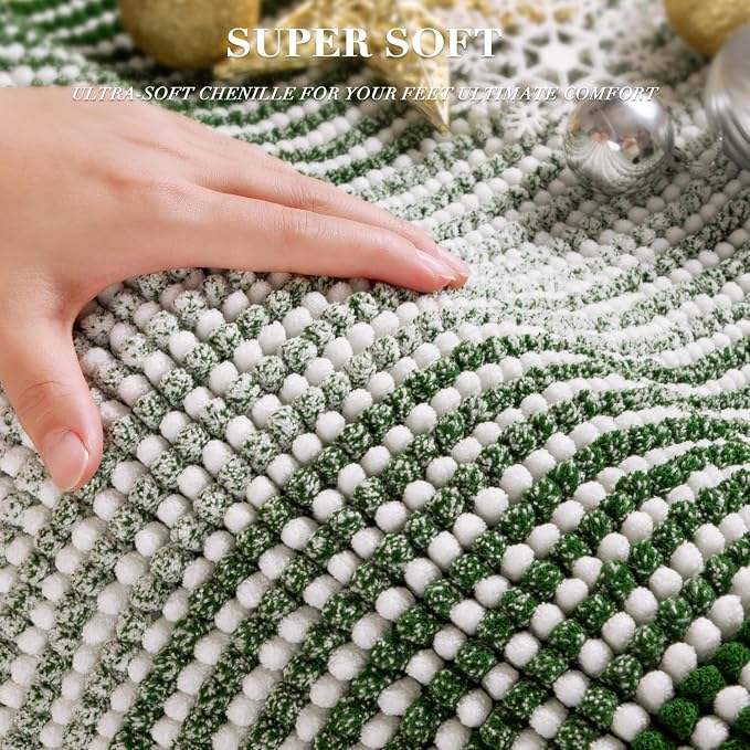 Bathroom Rugs Sets 2 Piece, Non Slip Striped Bath Mat, Hunter Green | 20"x47" Plus 20"x32", Soft Absorbent Chenille, Quick Dry Machine Washable, Shower Rug for Bathroom Floor, Tub, Bedroom Decor