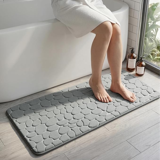 YIHOUSE Memory Foam Runner Rug, Cobblestone Bathroom Runner Rugs Super Water Absorbent Bath Mats for Bathroom Machine Washable Bath Rugs for Hallway Bedroom Laundry Room(20 x 47,Light Gray)