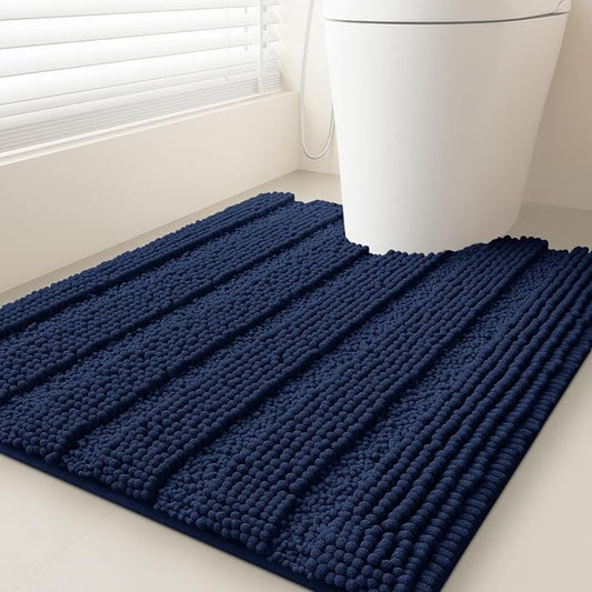 ACCUMTEK Striped Navy Blue Toilet Bathroom Rug Mat 24" x 20" Contour Rug Ultra Soft, Non Slip Chenille Bath Rugs, Absorbent Plush Shaggy Bath Mats for Bathroom, Bedroom, Kitchen, Shower, Tub