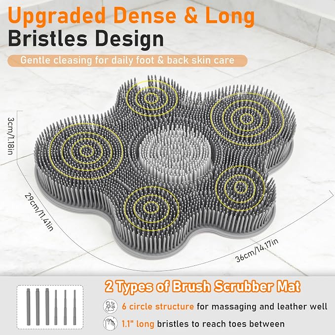 Shower Foot Scrubber Mat Silicone Back Exfoliating Cleaner, Feet Message Bath Washer Pad with Suction Cups for Wall Non-Slip - Itchy Toes Dead Skin Beauty Deep Clean Soft Bristles 14.2 * 11.2in Grey