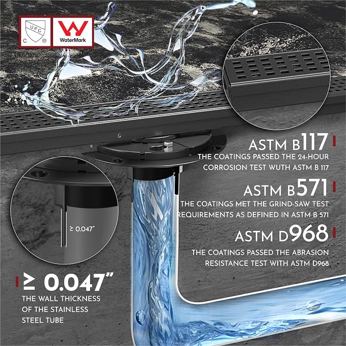WEBANG 28 Inch Linear Shower Drain Rectangular Floor Drain with Accessories Square Hole Pattern Cover Grate Removable SUS304 Stainless Steel CUPC Certified Matte Black