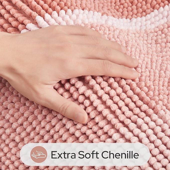 HOMEIDEAS Pink Bathroom Rugs Set of 2, Striped Chenille, 20"x32"+17"x24" | Non Slip Absorbent Bath Mats, Fluffy Striped Chenille Soft Shaggy Bath Rugs for Bathroom Floor and Tub, Machine Washable