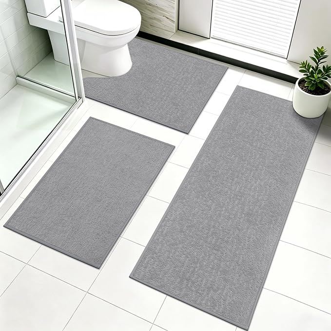 Pauwer Bathroom Rugs Sets 3 Piece, Ultra Thin Bath Mat Set, Light Grey | Non Slip Washable, Quick Dry, Super Absorbent, U-shaped Contour Toilet Rug, Low Pile, For Floor Sink Shower Room