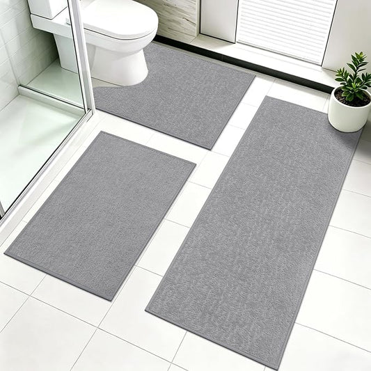 Pauwer Bathroom Rugs Sets 3 Piece, Ultra Thin Bath Mat Set, Light Grey | Non Slip Washable, Quick Dry, Super Absorbent, U-shaped Contour Toilet Rug, Low Pile, For Floor Sink Shower Room