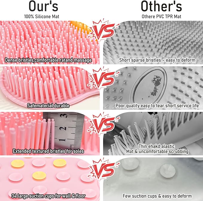 Shower Foot Scrubber Mat Silicone Back Scrubber Exfoliating Wall-Mounted, Feet Cleaner Message with Suction Cups Extra Long Bristles Washer Pad without Bending for Use in Shower Floor Women Pink