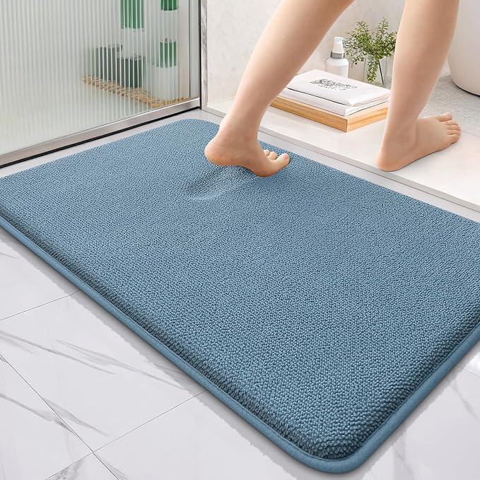OLANLY Thick Memory Foam Bathroom Rugs 35x24, Absorbent Bath Mat, Airy Blue | Soft Quick Dry Bath Rugs, Non-Slip, Machine Washable Carpet for Bathroom Floor, Tub and Shower, Home Decor Accessories