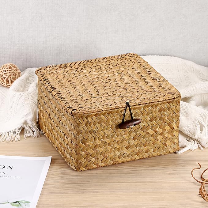 Hipiwe Wicker Shelf Basket Bin with Lid Square Handwoven Seagrass Box Decorative Household Storage Container Multipurpose Organize for Bookshelf Living Room Bathroom, Small Caramel