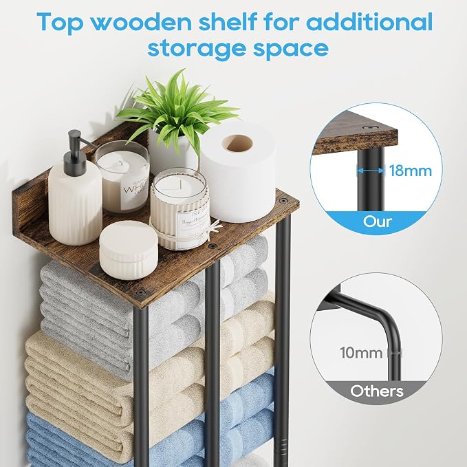 Towel Racks for Bathroom Wall Mounted with Wooden Storage Shelf | Updated 3 Bar Metal Towel Holder for Rolled Towels, Rustic Sturdy and Large Capacity, Towel Storage Organizer