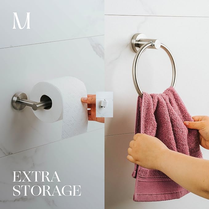 MARMOLUX ACC 2-Pc Bathroom Hardware Set - Hand Towel Holder for Bathroom Wall - Toilet Paper Holder Stand Wall Mount - Towel Holder Hanger Rack Stainless Steel Bathroom Set Towel Ring - Brushed Steel