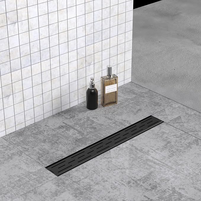 ELLO&ALLO 24 Inch Matte Black Linear Shower Drain, SUS304 Stainless Steel Rectangle Shower Floor Drain with Removable Pattern Grate
