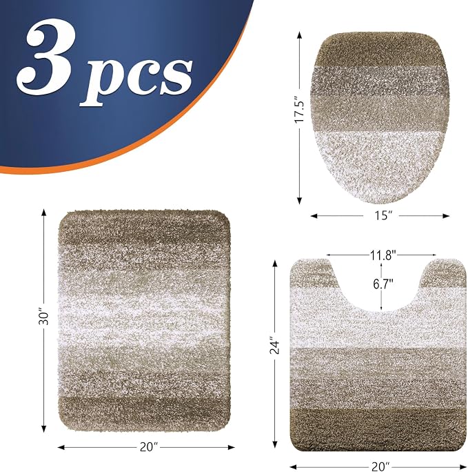 OLANLY Bathroom Rugs Sets 3 piece, Soft Microfiber Absorbent Bath Mat, U-Shaped Contour Toilet Mat and Toilet Lid Cover, Quick Dry, Machine Washable, Toilet Cover and Rug Set for Bathroom, Coffee