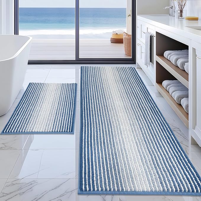 Bathroom Rugs Sets 2 Piece, Non Slip Striped Bath Mats, Sky Blue | 24"x70" Plus 20"x32", Soft Absorbent Chenille, Quick Dry Machine Washable, Shower Rug for Bathroom Floor, Tub, Bedroom Decor