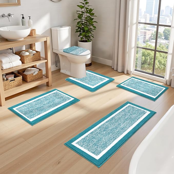 Pauwer Bathroom Rugs Set 5 Piece, Non Slip Microfiber Bath Mat, Aqua Blue | Washable Bathroom Mat with U Shaped Toilet Rug, Long Shower Runner, Toilet Lid Cover, Quick Dry Absorbent Plush Floor Carpet