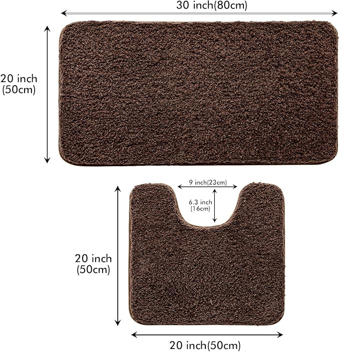 MIULEE Brown Bathroom Rugs Set 2 Piece Soft Bath Mats 20x20+20x32 Inch | Absorbent Microfiber Bath Mat and U-Shaped Toilet Rug, Non Slip, Quick Dry, for Bathroom Floor Tub Showers, Machine Washable