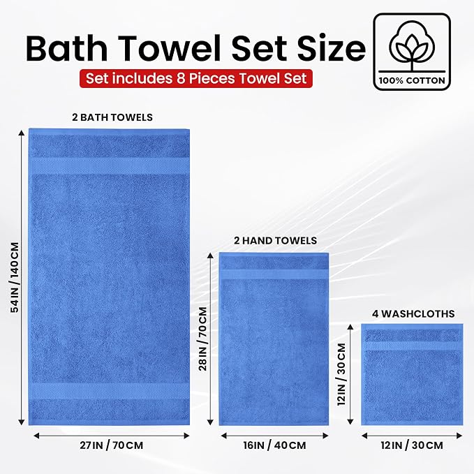 Infinitee Xclusives 100% Cotton Bath Towel Set – 8 Piece Bathroom Towel Set | (2 Bath Towels, 2 Hand Towels, 4 Washcloths) – Soft & Absorbent Towels for Bathroom - Gym, Shower, Spa & Hotel Use