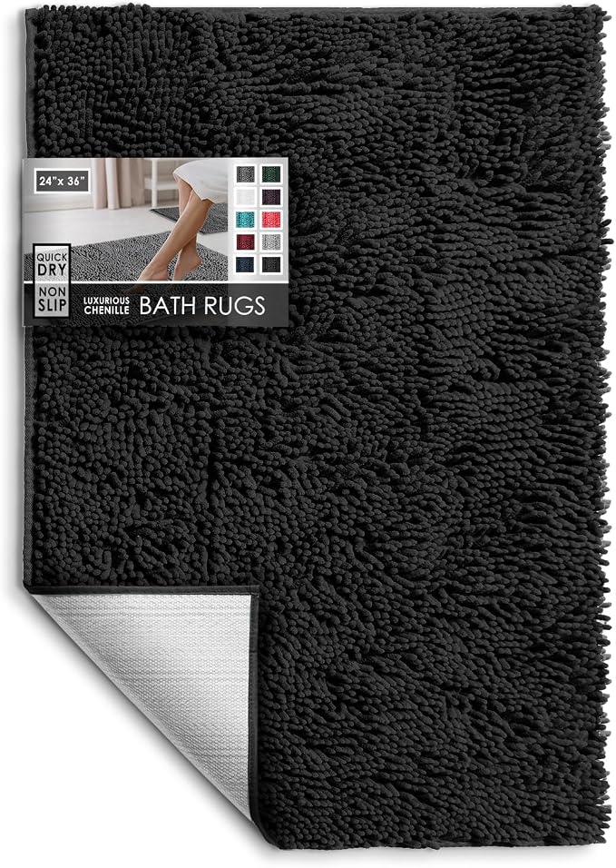 Hearth & Harbor Bathroom Rugs, Chenille Bath Mat - Machine Washable Bath Mats for Bathroom Non-Slip Backing Rubber, Quick Dry Bathroom Mat - Black 24x36
