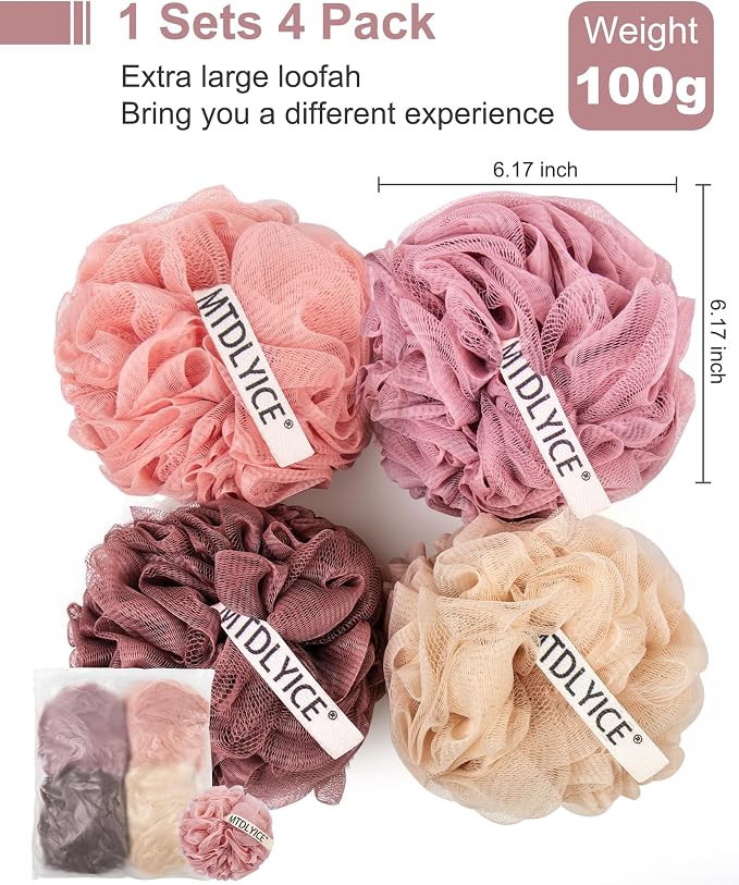 MTDLYICE Loofah Sponge, XXL Large Loofah 100g 4 Pack, Bath Sponge Soft Mesh Shower for Men, Body Scrub, Shower Pouf Bath Accessories, for Body Wash, Soap (Red Soil)