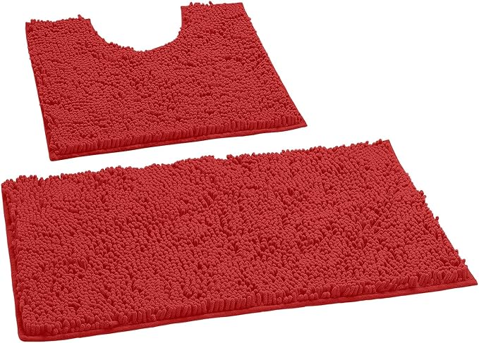 LuxUrux Red Christmas Bathroom Rugs Sets 2 Piece: Quick Dry, Soft Plush Anti-Slip, Super Absorbent. Includes Rectangular (31x20 inches) & U-Shaped Toilet Mat (20x20 inches) | Red