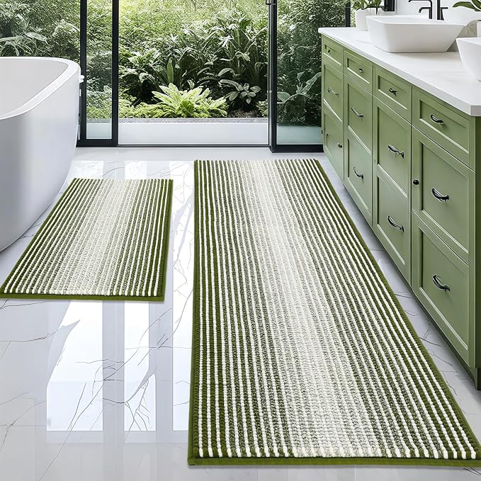 BSICPRO Bathroom Rugs Sets 2 Piece, Non Slip Striped Bath Mats, Sage | 24"x70" Plus 20"x32", Soft Absorbent Chenille, Quick Dry Machine Washable, Shower Rug for Bathroom Floor, Tub, Bedroom Decor
