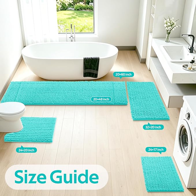 ACCUMTEK Upgrade Extra Large Teal Green Bathroom Rug Set 3 Pieces Ultra Soft, Thick Absorbent Bath Mats, Non Slip Chenille Toilet Mat for Bathroom, Bedroom, Kitchen, Turquoise