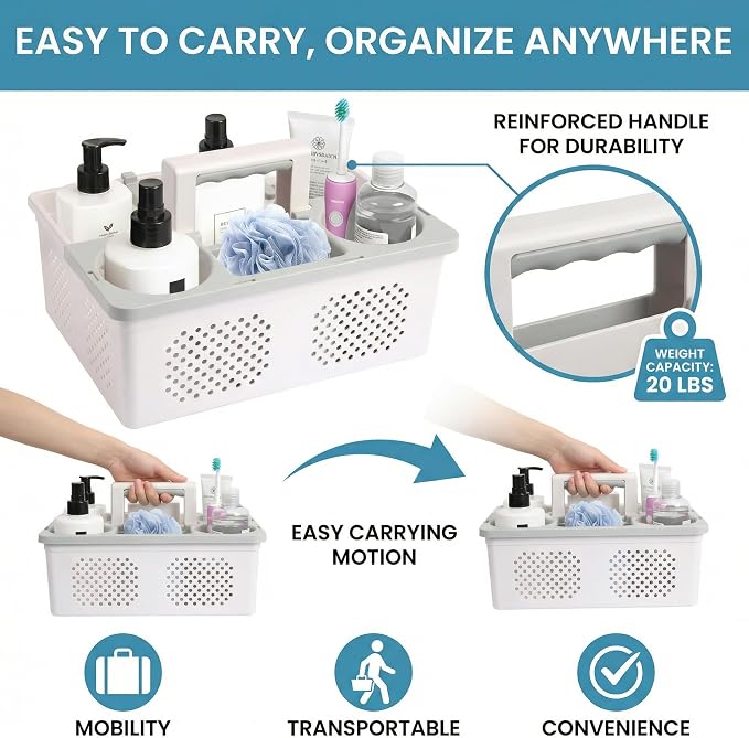 KMV Dorm Room Portable Shower Caddy with Adjustable Compartments - Ventilated Drainage Design with Handles, Perfect Toiletries Organizer for College Dorms-white