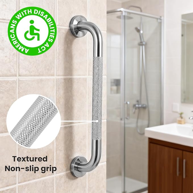 MrHAND Knurled Brushed Stainless Steel Grab Bars for Shower,2 Pack 16 Inch | SUS304,Stain Finish,Sturdy & Stable Handicap Grab Bars,Wall Mounted Shower Grab Bars,Safety Hand Rails,ADA Compliant
