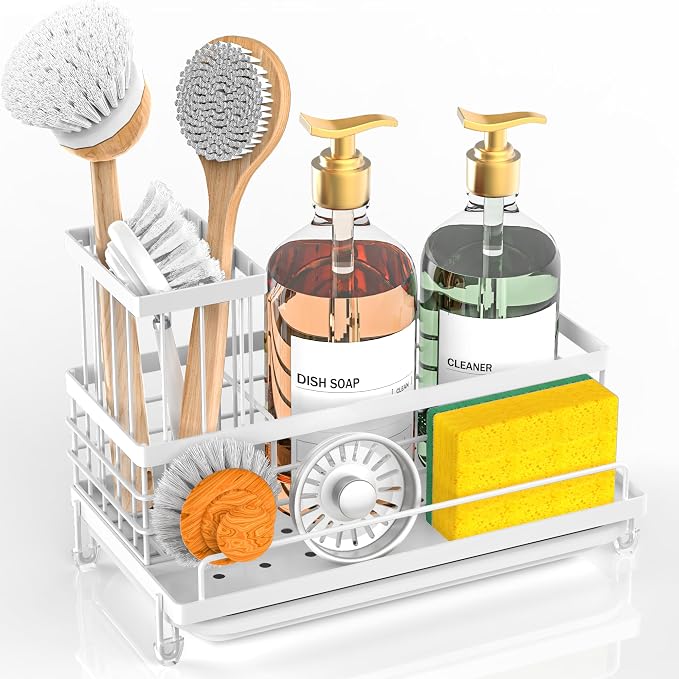Cisily Sponge Holder for Kitchen, Sink Caddy Organizer, Kitchen Sink Accessories with Drip Tray, Rustproof and Non-slip Kitchen Sink Sponge Holder (White stand with brush holder)