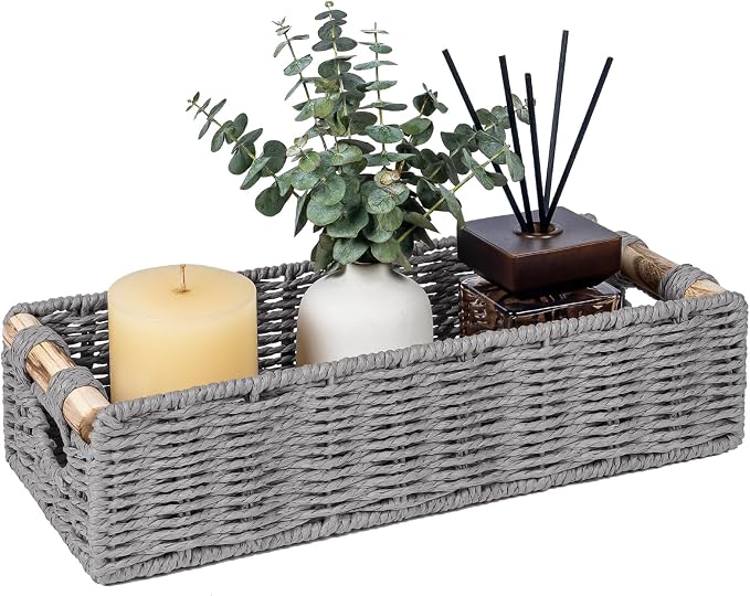 CubesLand Back of Toilet Storage Basket for Organizing w/Cut Out Handle, Handwoven Toilet Tank Top Paper Baskets, Wicker Decorative Basket for Countertop, Home Decor, Living Room, Nursery, Grey